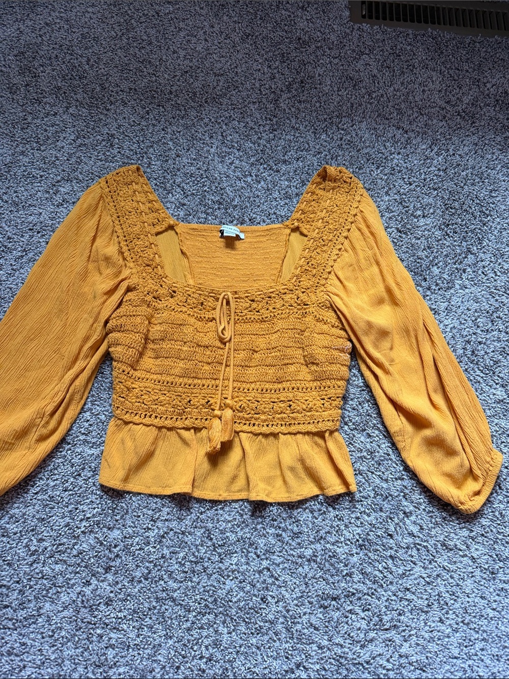 American Eagle Outfitters Mustard Crochet Peasant Top